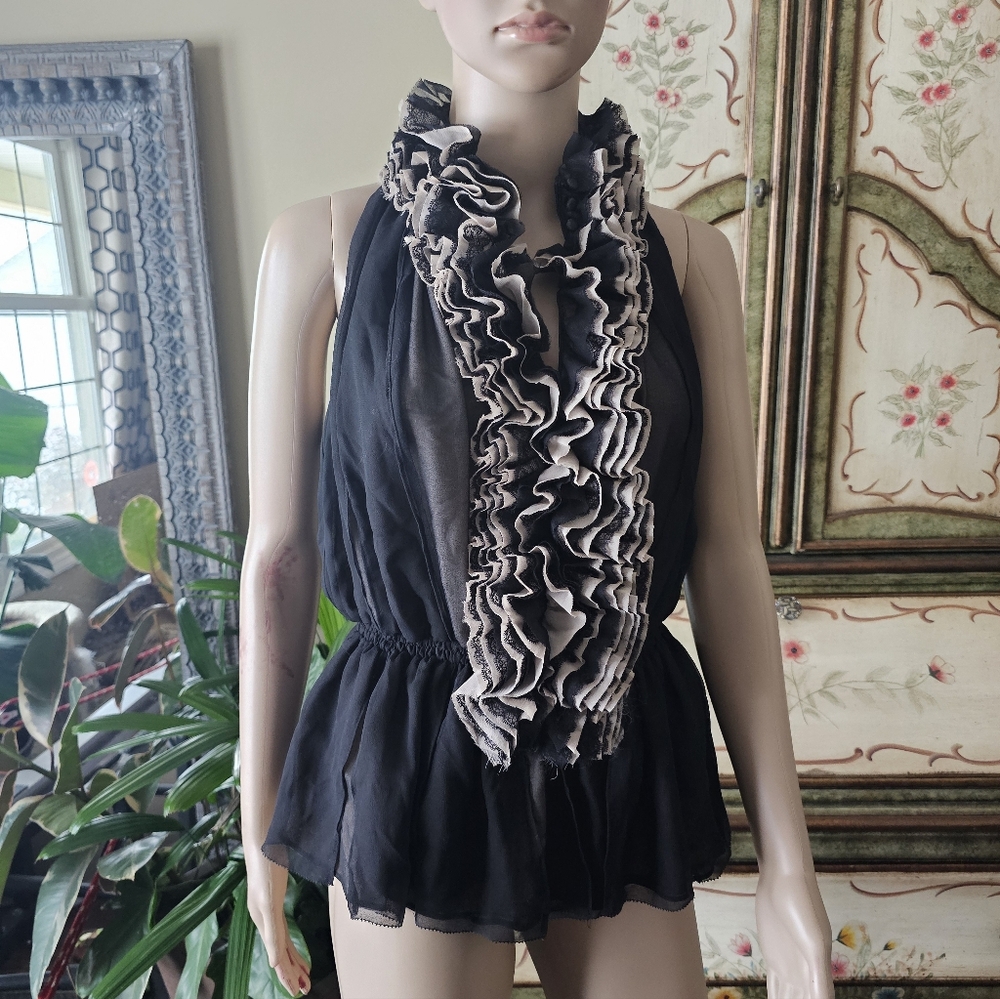 Black and tan ruffles Robert Rodriguez collab blouse XS
